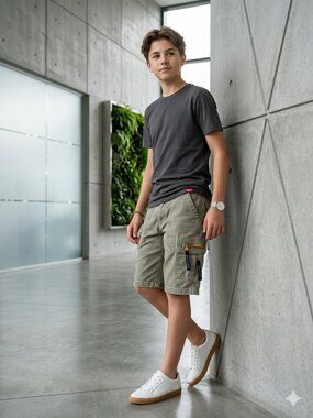 WearFirst Comfort Cargo Shorts Boys Sz 14 Army Green 6 Pockets 100% Cotton Belt